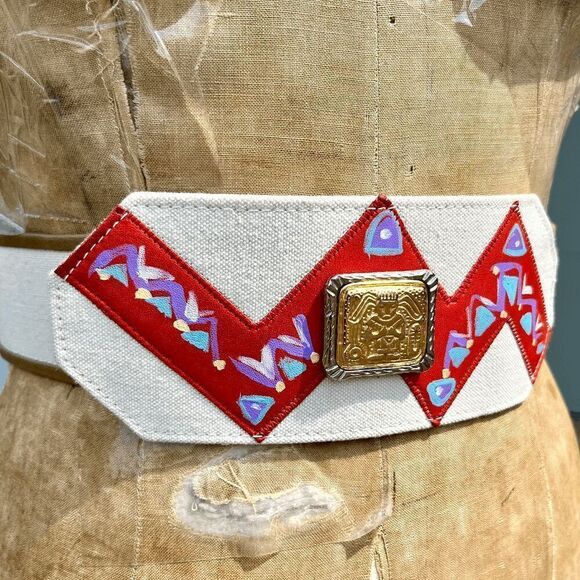 Vintage VST Belt - Hand-Painted Canvas, Aztec Buckle, One-of-a-Kind Slow Fashion - Picture 8 of 9